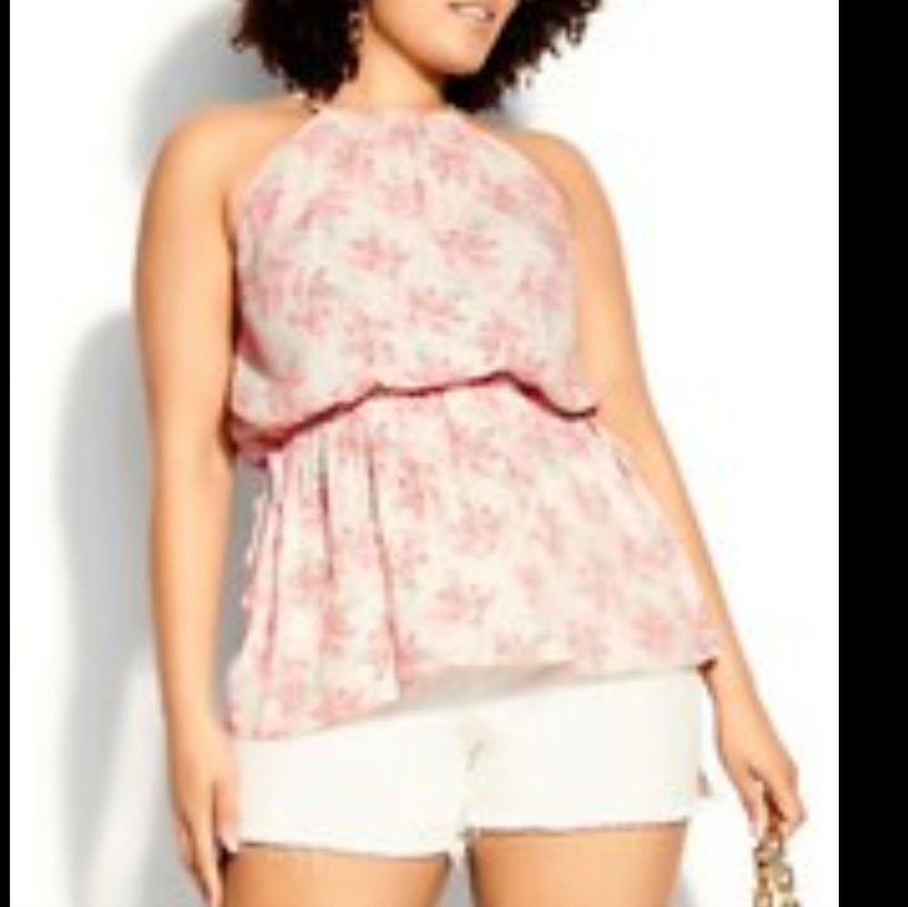 City Chic Pink Floral Halter Top Plus Size 20 L Adjustable Tie Waist Peplum